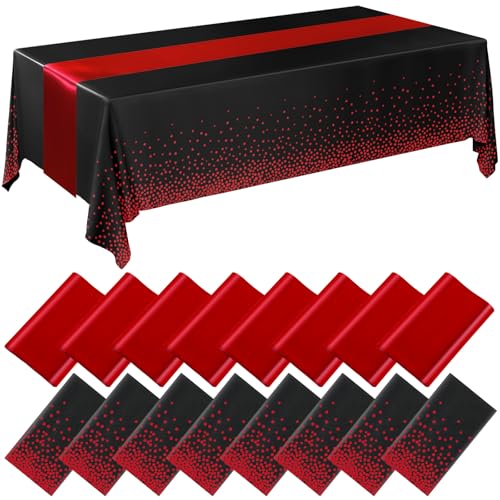 Image of Breling 16 Pack Black and Red Disposable Plastic Tablecloths and Satin Table Runner Set, 54 x 108 Inch Tablecloth, 12 x 108 Inch Table Runners for Wedding Graduation Birthday Baby Shower