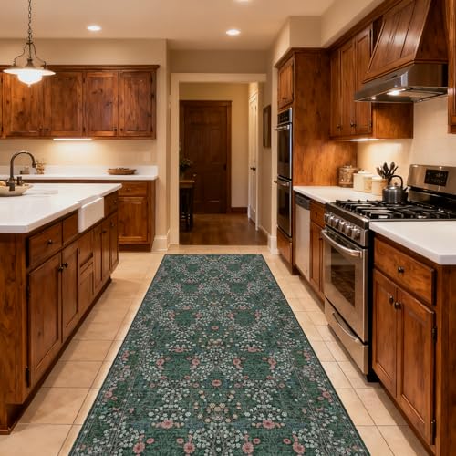 shinefly Washable 2'6" x 10' Runners for Hallways, Non Slip Long Floor Runner for Kitchen, Entryway Indoor, Stain Resistant Rubber Backing Floral Decor Rug (Green)