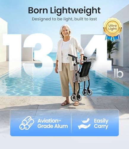 Image of VOCIC Z12 Walker for Seniors with Seat, 13.4 LBS Ultra Light, 350 LBS | Ergo Seat & Backrest for Comfort, Height Adjustable & Easily Foldable for Seniors, All Terrain Wheels, Silver