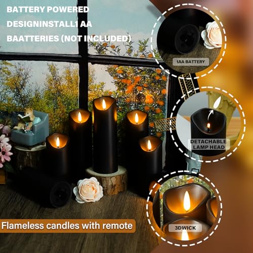 Image of Nimiko Flameless Candles with Remote, Battery Operated Flickering Flameless Candles, LED Candles with Timer 2 /4 /6 /8H, with Realistic LED Candles Set of 24 (D2.2 x H 5 inch 6 inch 7 inch) (Black)