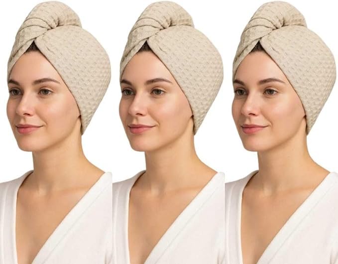 Women 3PK 100% Cotton Waffle Turbie Hair Towel, Quick Drying Lightweight & Super Absorbent Turban with Button Up Anti-Frizz Toweling Cap Soft Twist Dry Hat for Long, Curly & Thick Hair 66X25cm, Beige