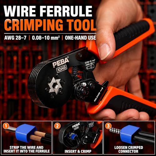 PEBA Ferrule Crimping Tool Kit with Wire Stripper, 24 Sizes Tinned Copper Wire Ferrules incl. Twin Ferrules, Hex Ratcheting Crimper AWG 28–7, Self-Adjusting Electrical Crimp Tool with Carry Case by PEBA - Image 2