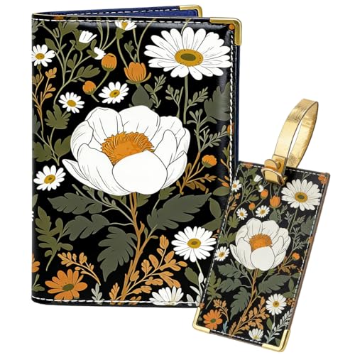 PRESSINART Floral Passport Holder Luggage Tag Men Women for Travel Essentials, Leather Passport Cover Daisy Pattern Travel Waterproof Wallet Card Protector Stylish Accessories 5.4 x 4.1 x 0.2 Inch
