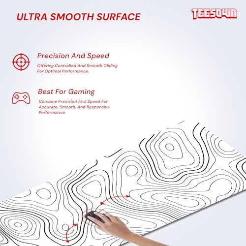Image of XL Off White Topographical Extended Mousepad (12x31) inches for Laptop Desktop PC and Gaming Desk Mat Rubber Base Desk Pad
