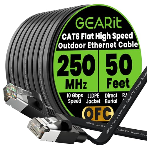 GEARit Cat 6 Outdoor Flat Ethernet Cable (50ft, Black) Direct Burial Rated LLDPE Jacket - Indoor Cat6 Shielded FTP 10Gbps High Speed Gaming Computer Network RJ45 Snagless Patch Cord Internet