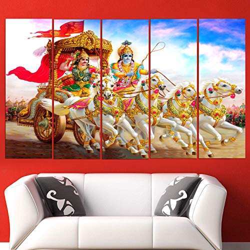 Image of Spacter art Krishna Arjun Mahabharat Rath Chariot Digital paintings Wall Painting Wall Decor for Bedroom, Office, Hotels - Peaceful Digital Painting Wooden Framed for Gifting (30x60 inch) SP48