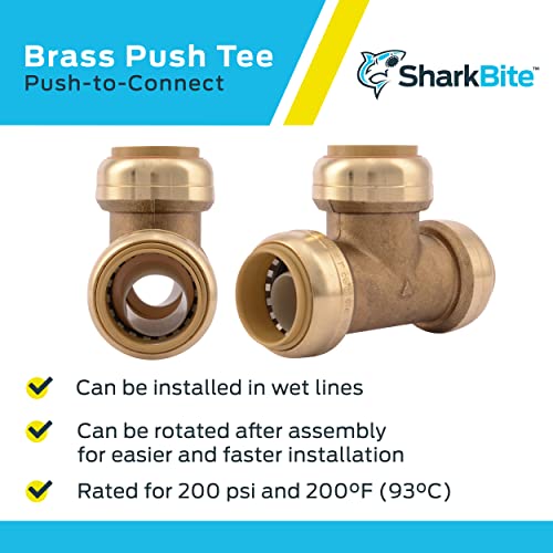 Image of SharkBite 1 Inch Tee, Push to Connect Brass Plumbing Fitting, PEX Pipe, Copper, CPVC, PE-RT, HDPE, U374LFA