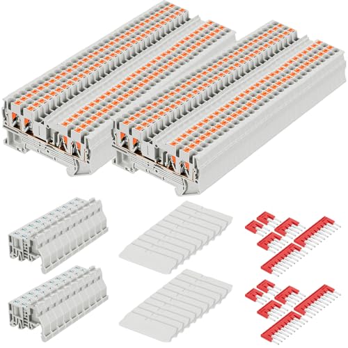 Saysurey DIN Rail Terminal Block Twin Spring Terminal Connectors Push in Type PT Screwless Wire Wiring Connector with 10 Covers 10 End Stops 6 Jumpers (ST2-2.5/2x2, 112)