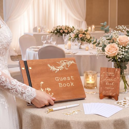 Image of Engrowtic Wooden Wedding Guest Book Set with Pen and Photo Stickers, 88 Lined Pages Keepsake Guest Book for Weddings, Celebrations, Memorial, 9x7 Personalized Guestbook in Hard Cover and Table Sign