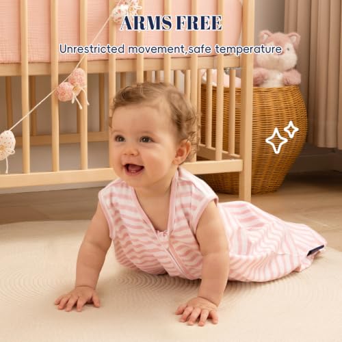 Image of PHF 100% Organic Cotton Baby Sleep Sack 6-12 Months, Soft Lightweight Wearable Blanket for Babies, 2-Way Zipper 0.3 TOG Comfy Toddler Sleeping Sack 3 Pack for Boys Girls Neutral, Pink Floral (Medium)