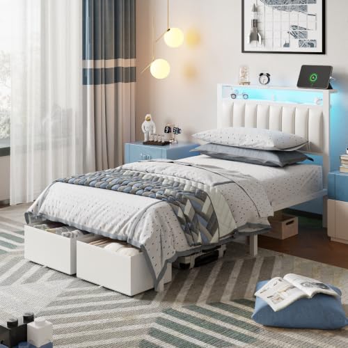 Image of Furnulem White Twin Bed Frames with PU Upholstered Headboard & 2 Drawers