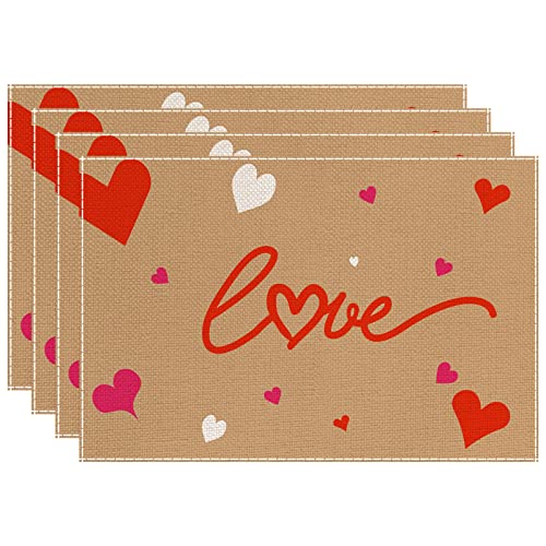 Eddert Valentines Day Placemats Set Of 4 Valentines Day Table Decor - 12 X 18 Inch Rustic Burlap Valentines Love Heart Placemats Table Mats Decor For Kitchen Dining Table Home Decorations #TOP1