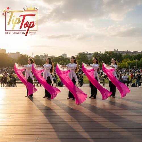 Image of Premium Dancing Long Veil Bamboo Folding Streamer Silk Hand Fan For Dance Shows (Hot Pink, Pack of 1 Piece)