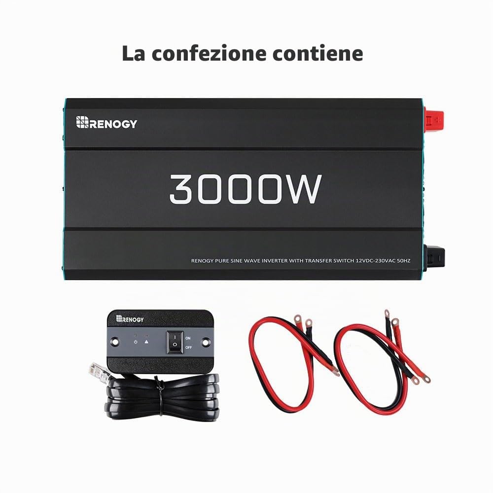 Renogy Inverter sinusoidale puro da 3000 W/6000 W da 12 V a 230 V con priorità di alimentazione, convertitore di tensione da 12 V a 230 V con 2 prese europee per elettrodomestici, camper