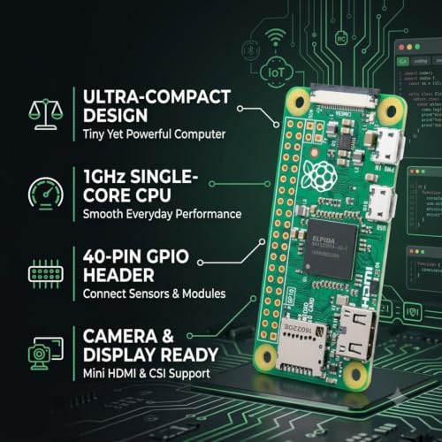 Image of Raspberry Pi Zero Development Board | 1GHz Mini SBC with 512MB RAM | 1GHz CPU | 512MB RAM | Mini HDMI & Micro USB | 40-pin GPIO for IoT, robotics & DIY electronics