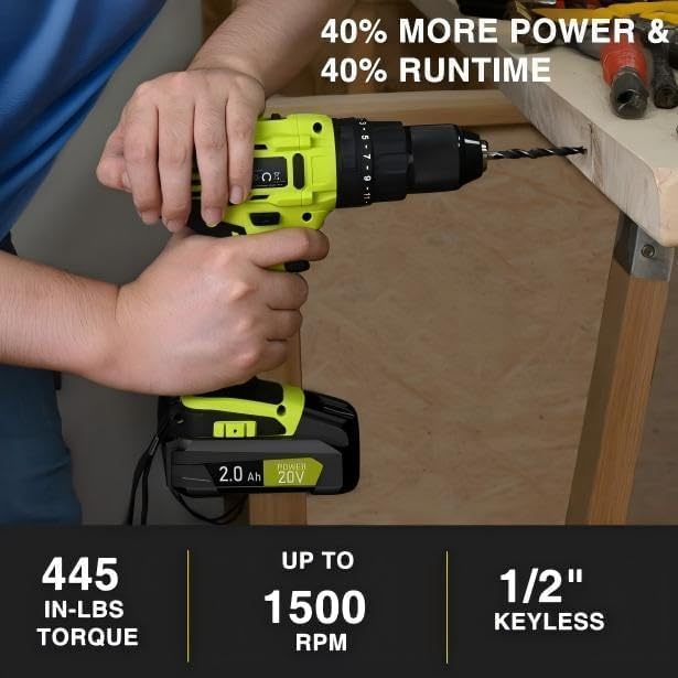 SnapFresh 20V Cordless Impact Drill-1/2" Power Drill/Driver Set,445in-lbs Torque Max,2 Variable Speeds, 43Pcs Bits w/case,2.0Ah Battery & Fast Charger Included, Power Tools - Image 6
