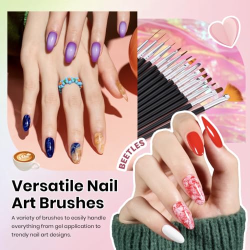 Image of Beetles Nail Art Brushes, 25pcs Nail Art Pens Daul Ended Dotting Tools | Striping Liner Brushes for Nails Detail Drawing Nail Art Tools with Palette Brush Holder, DIY Home Manicure Design Set