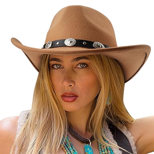 Image of DRESHOW Women Men Classic Felt Wide Brim Western Cowboy & Cowgirl Cap Belt Buckle Retro Panama Hat Unisex Rolled up Caps