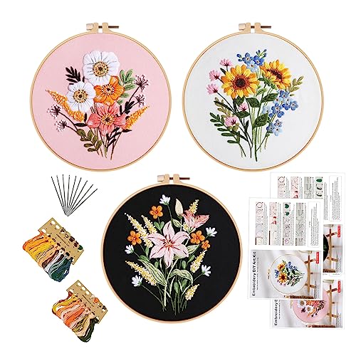 Image of GLTAYLMY Embroidery Kit for Beginners Adults,3 Pack Cross Stitch Kits with 1 Plastic Embroidery Hoops,Needles and Color Threads,Needlepoint Kit for Hand Embroidery Starter