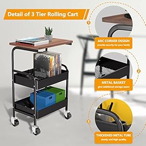 Rolling Cart with Wooden Tabletop 3 Tier Metal Utility Cart Rolling Storage Organizer Cart with Lockable Wheels for Kitchen Office Bedroom Black