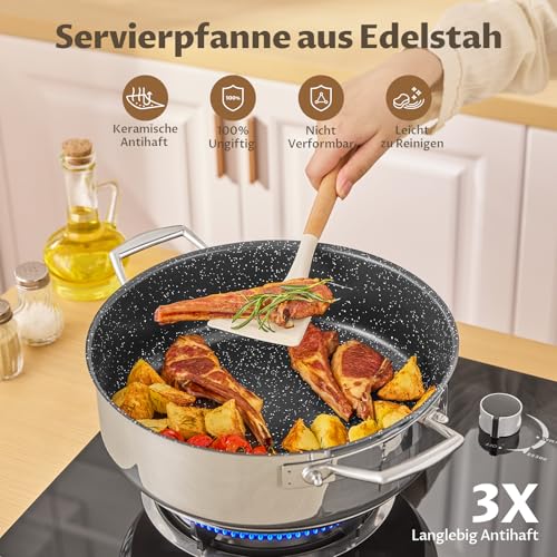 BEZIA Schmorpfanne 28 cm hoher Rand, Schmortopf mit Deckel 5,2L, Edelstahl 18/10, Bräter mit Keramik-Antihaftbeschichtung，Bratpfanne für alle Herdarten geeignet，Backofengeeignet, hoher Rand
