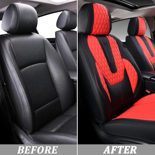 Image of Coverado Car Seat Covers Front Seats, Luxury Faux Leather Seat Covers for Cars Waterproof Seat Covers with Lumbar Support, Car Seat Protector Universal Fit for Most Cars SUV Truck(Red&Black)