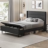 Tiptiper Queen Size Bed Frame, Modern Storage Bed with Ottoman Bench, Fabric Upholstered Platform Bed Frame with Wingback Headboard, Mattress Foundation, Wood Slats, No Box Spring Needed, Dark Grey