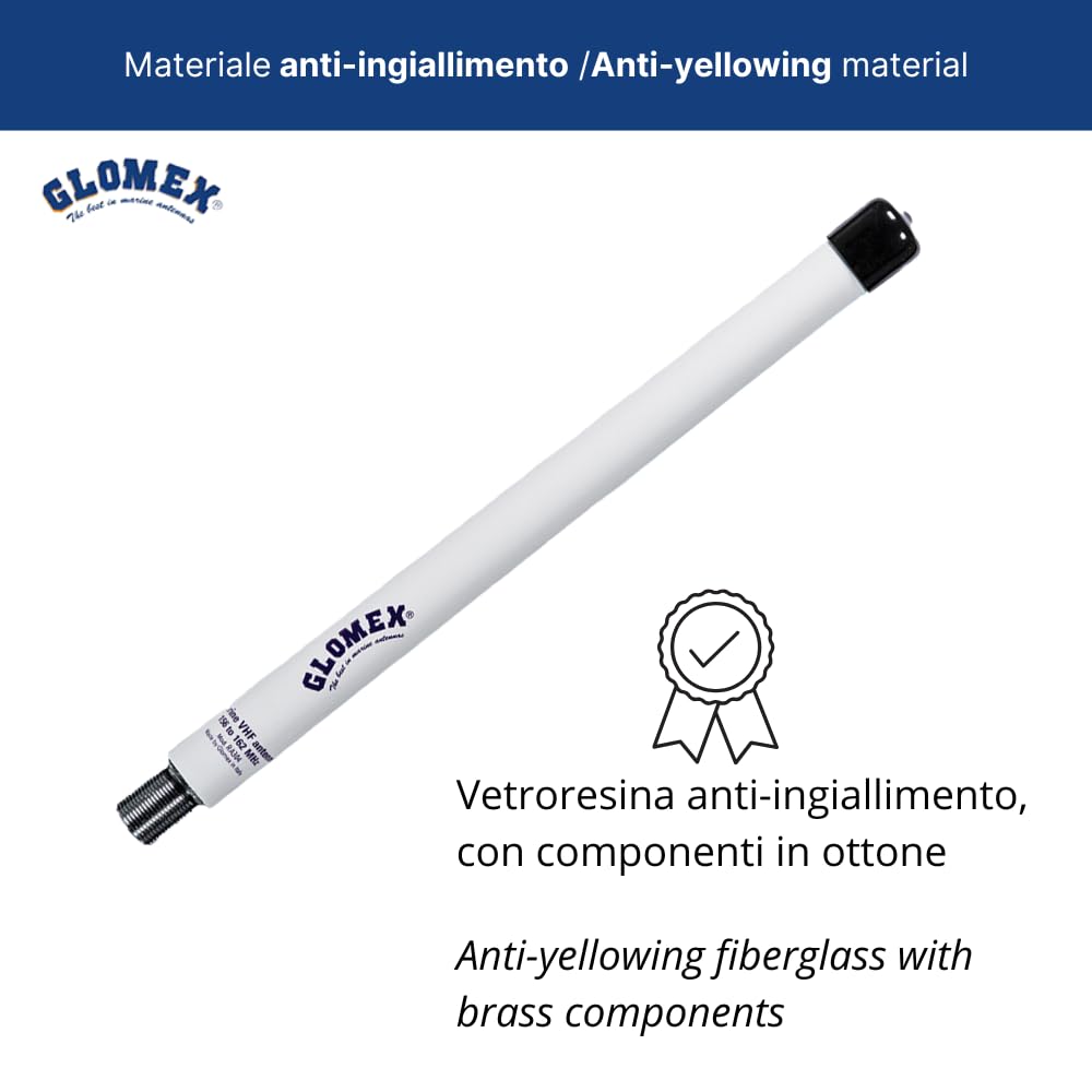 Glomex – Antenna VHF Glomeasy Compatta 25cm (Fibra di Vetro), Modello RA304 – Fast Fitting FME, 3dB, Per Ponte o Testa d'Albero, Per barche a vela e motore – Installazione Rapida e Performante