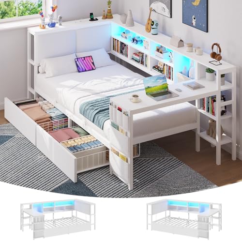 Brinlawb Canapé Lit 90x190 cm avec éclairage LED et multiprise, Cadre de Lit 90x190 cm avec Une Table et Deux Grands tiroirs, Lit Banquette Lit Enfant 90x190, Tête de...