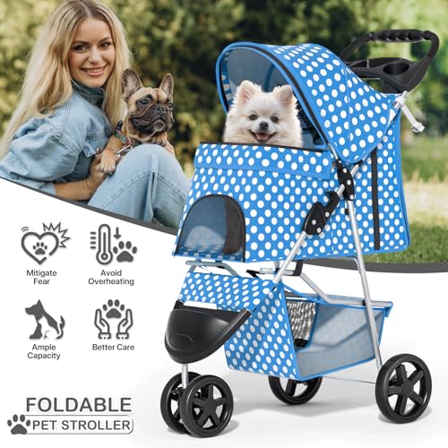 Image of MoNiBloom 3 Wheels Pet Dog Cat Stroller for Small Medium Dogs Cats, Foldable Jogger Stroller w /Storage Basket and Cup Holder, Sky Blue Polka Dots