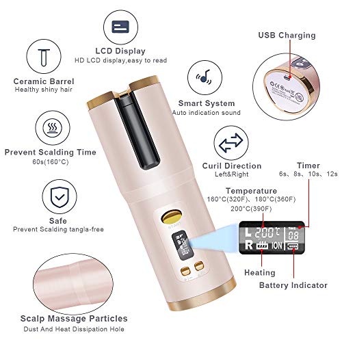 Cordless Auto Curler, Automatic Curling Iron, Rechargeable Auto Hair Curler with 6 Temperature & Timer Settings, Auto Shut-Off Portable Curling Wand for Hair Styling