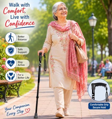 Image of Single Leg Quadripod Walking Stick for Elderly Men & Women | Adjustable Height Lightweight Walking Cane | Anti-Slip Single Leg Stick | Walking Support for Senior Citizens, Patients & Disabled