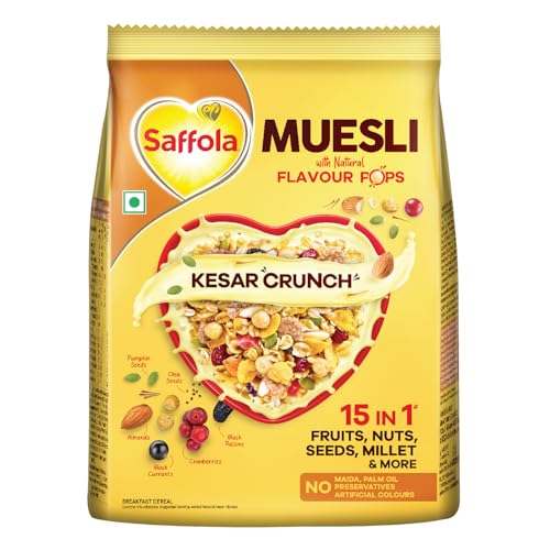 Image of Saffola Muesli Kesar Crunch with Flavour Pops, 180 gm | 15 in 1 Fruit and Nuts, Seeds, Millet & more | Cereals for breakfast rich in wholegrain, protein, fibre