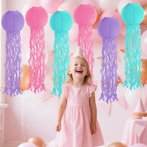 Image of Set of 6 Hanging Jellyfish Paper Lanterns Blue Jellyfish Decor for The Sea Ocean Party, Mermaid Birthday Decoration, Baby Shower, Nautical Events (Multi-Color 3)