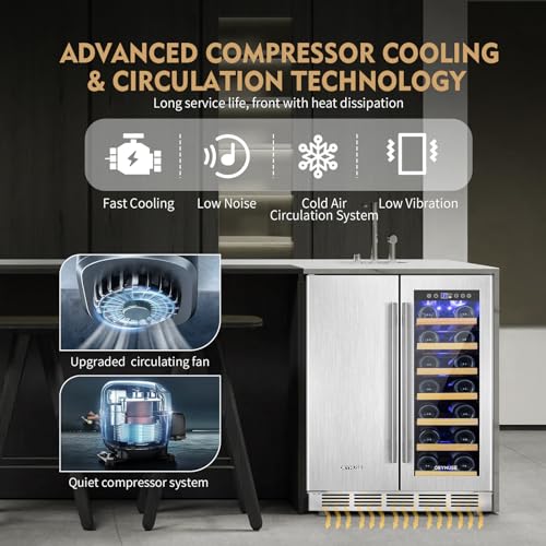 Image of ORYMUSE Wine and Beverage Refrigerator Dual Zone, 24 inch Undercounter Beverage Fridge for Soda, Water and Beer, Built-in /Freestanding, Holds 20 Bottles & 88 Cans, Stainless Steel