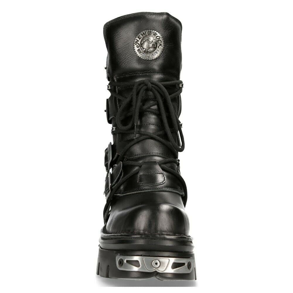 New Rock 373-S4 Bottes Gothiques Mi-Mollet Punk Gothiques en Cuir Noir Métallisé Avec Lacets et Fermeture à Boucle