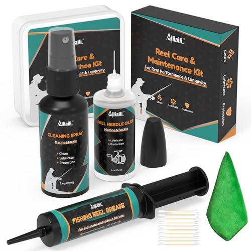Ailiaili Fishing Reel Oil Kit - Reel Care Kit with 1oz Needle Oiler 0.9oz Reel Grease 2oz Cleaning Oil for Lubricate Protect & Clean - Fishing Gear Maintenance Cleaning Set for Fathers Day