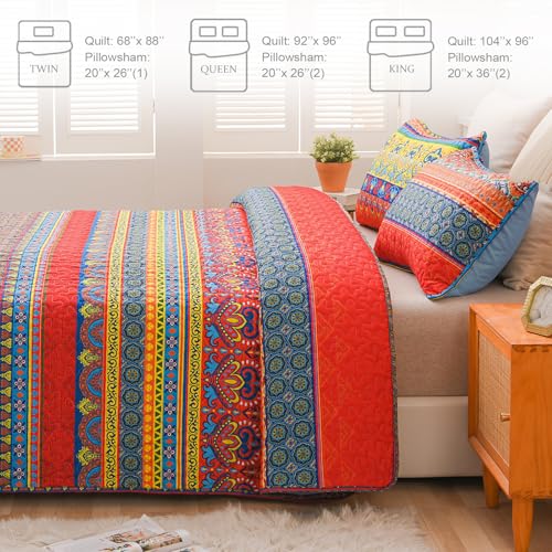 Exclusivo Mezcla Reversible Boho Quilt Set King Size, 3 Pieces Bohemian Blue All Season Bedspreads, Ultra Soft Floral Coverlet Bedding Set with Printed Pattern (1 Quilt, 2 Pillow Shams)