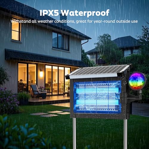 Image of OnBeam Solar Bug Zapper Outdoor, 4500V Fly Zapper with Projector Lights | 10W Solar Panel, USB-C Charging, IPX5 Waterproof, Auto Mode, Wide Coverage, Mosquito Zapper for Backyard, Patio, Garden