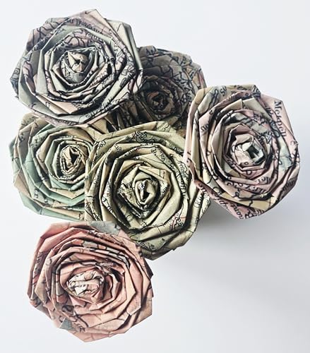 Old Map Paper Rose Bouquet Vintage Shabby Chic Home Decor Artificial Flowers Flora Gift For Her Him Anniversary Birthday Destination Travel Wedding Paper Flower Bouquet (Bunch of 6)