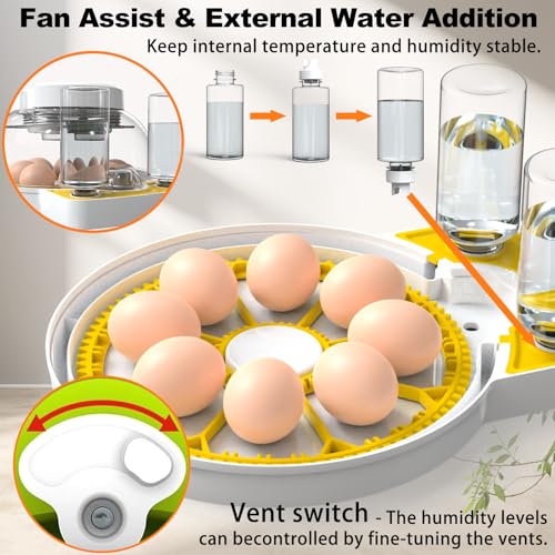 DEZHXHE 8/32 Egg Incubators for Hatching Eggs with Temperature Control, Poultry Egg Incubator with Automatic Egg Turning and Humidity Display, Egg Candler Incubator for Chicken Duck & Quail- Yellow - Image 4