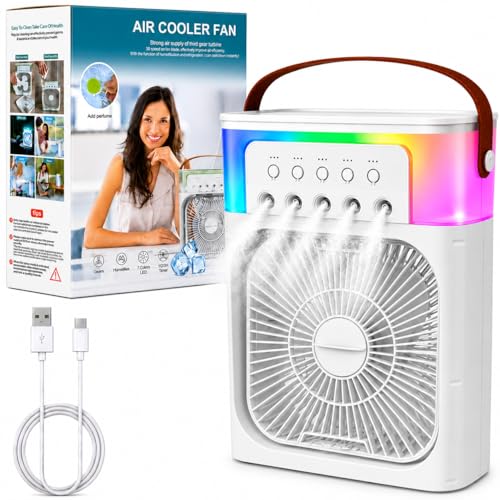 Image of MIKANIX Portable Mini Air Cooler for Room Cooling | USB Personal AC Fan with 3 Speeds, 3 Mist Modes, 7 Color LED Light & Timer for Home, Office & Travel (White)