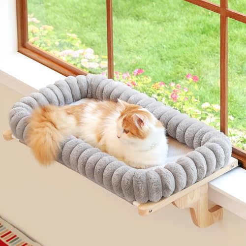 Image of Zakkart SnugCloud Cat Perch for Window Sill with 4-Sided Bolster - Orthopedic Cat Window Hammock - Solid Hardwood & Metal Frame - Window Seat for Pets (Natural Color Wood w /Gray Bed, Medium)