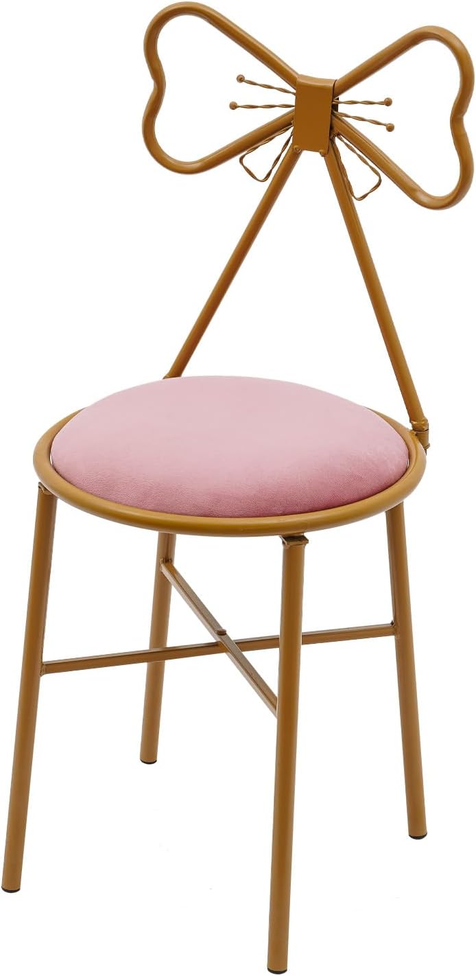 Pink Vanity Chair with Bow Backrest, Velvet Makeup Stool Golden Frame, Girly Butterfly Chair for Bedroom Dressing Table, Seat with Back for Bedroom, Boudoir Decor (Deep Pink)
