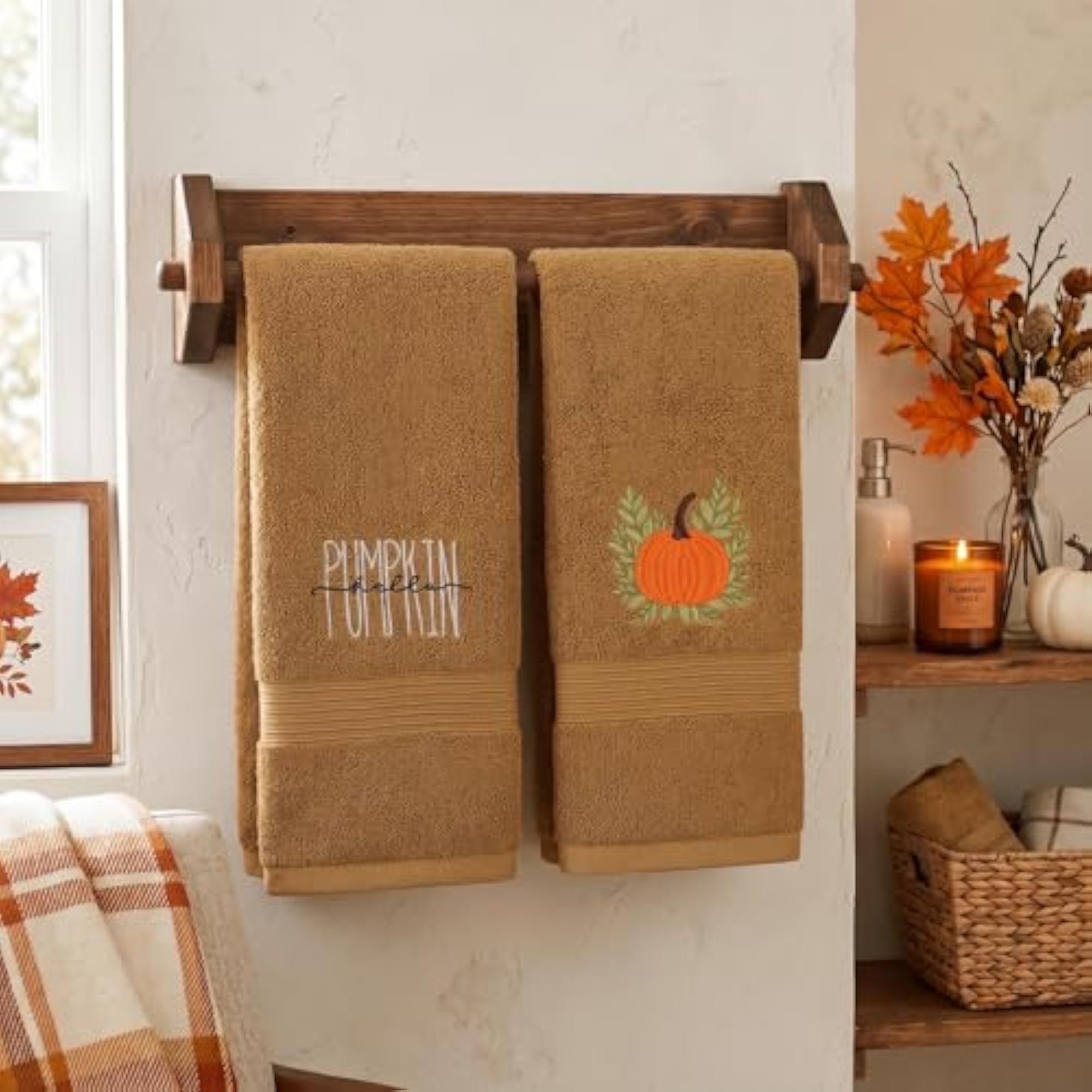 2 Pack Fall Pumpkin Hand Towels, Embroidered Cotton