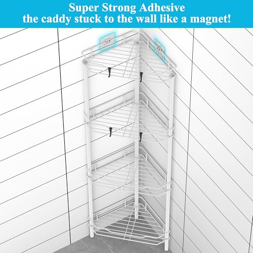 Image of HuggieGems 4 Tier Floor Standing Corner Shower Caddy Organizer Shelf with Hooks, Bathroom Shelves Stand Rack, White