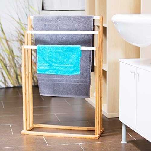 Relaxdays Bamboo Stand Size: Approx 82 x 54 x 24 cm Ascending Holder w/ 3 Rails as Elegant Bathroom Accessory Freestanding Rack for Bath and Hand Towels Style, Natural Brown/White, 24 x 54 x 82 cm