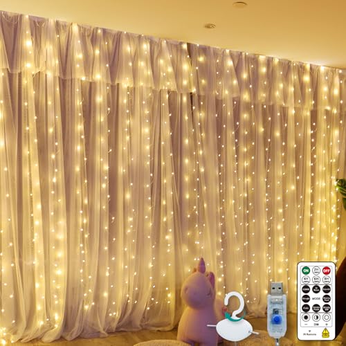 SINAMER Warm White Curtain Light for Bedroom, 300 LED 9.8ft