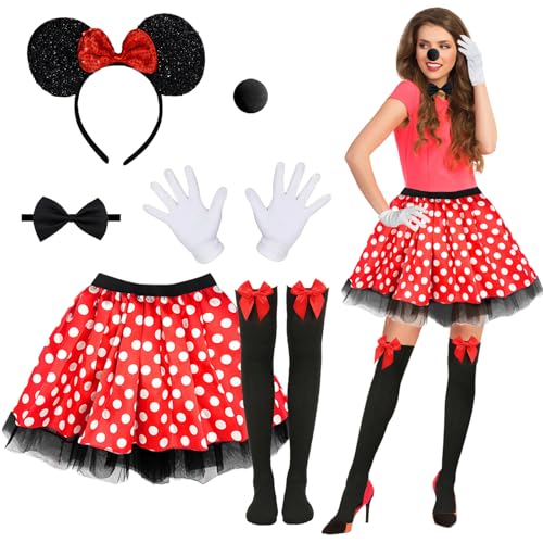 Xerteam 6 Stück Maus Mouse Kostüm für Mädchen Damen Süßes Mini Mauskostüm für Erwachsene Mausohren-Stirnband+Roter Tutu-Rock+Nase+Fliege+Handschuhe+Socken für Cosplay Halloween Verkleidungsparty