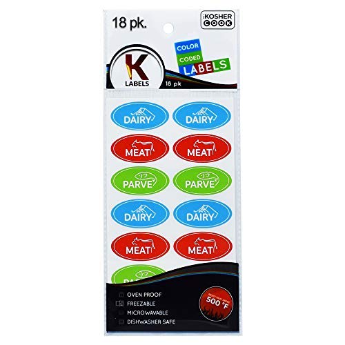 18 Assorted Kosher Labels -6 Blue Dairy, 6 Red Meat, 6 Green Parve Stickers -Oven Proof up to 500°, Freezable, Microwavable, Dishwasher Safe, English - Color Coded Kitchen Tools by The Kosher Cook